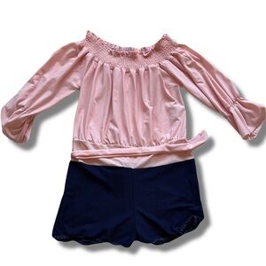 Studio 1000 Off-Shoulder Romper – Size S | Smocked Pink Top & Navy Shorts |